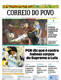Capa do jornal Correio do Povo 15/02/2018