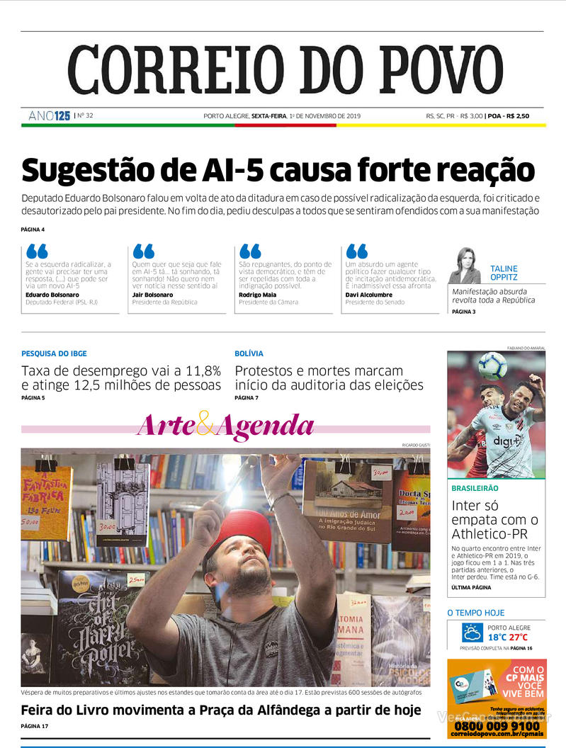 Capa do jornal Correio do Povo 01/11/2019