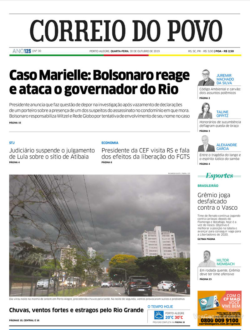 Capa do jornal Correio do Povo 30/10/2019
