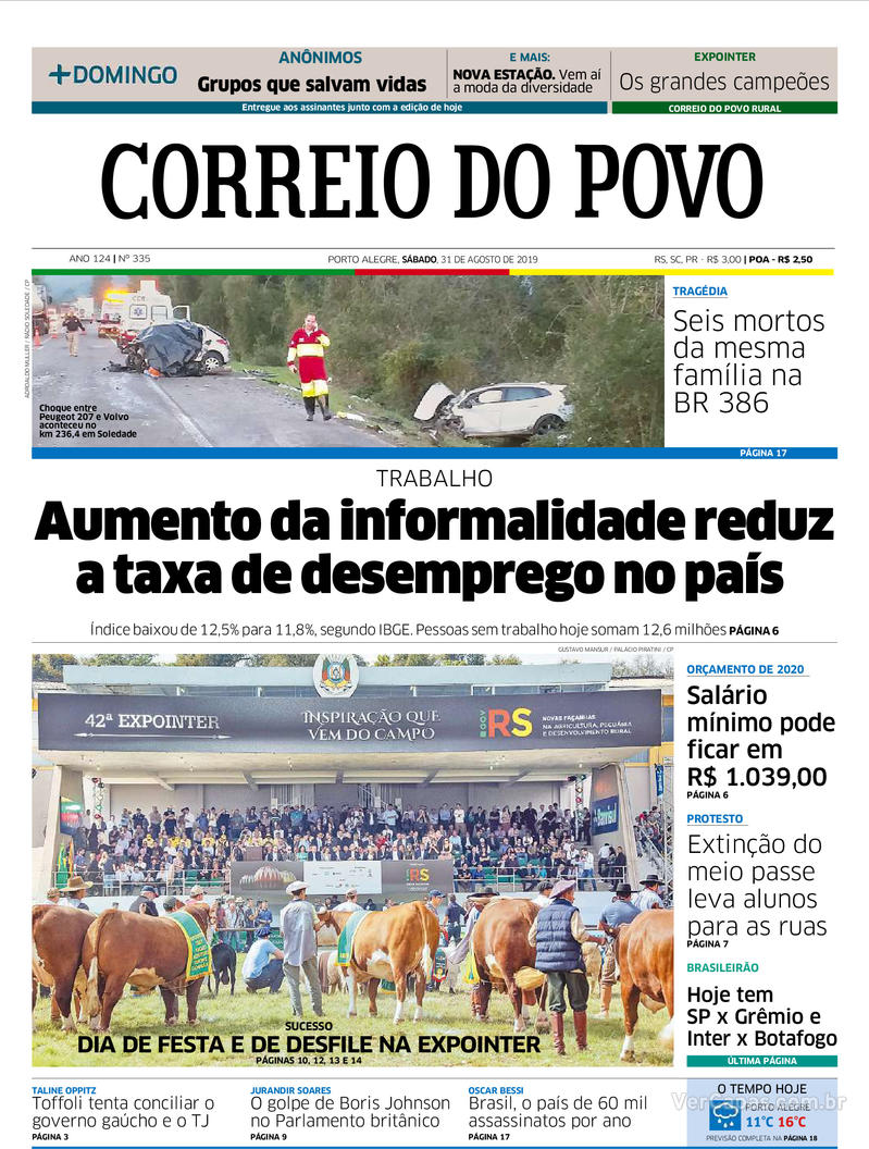Capa Correio do Povo Edição Sábado,31 de Agosto de 2019