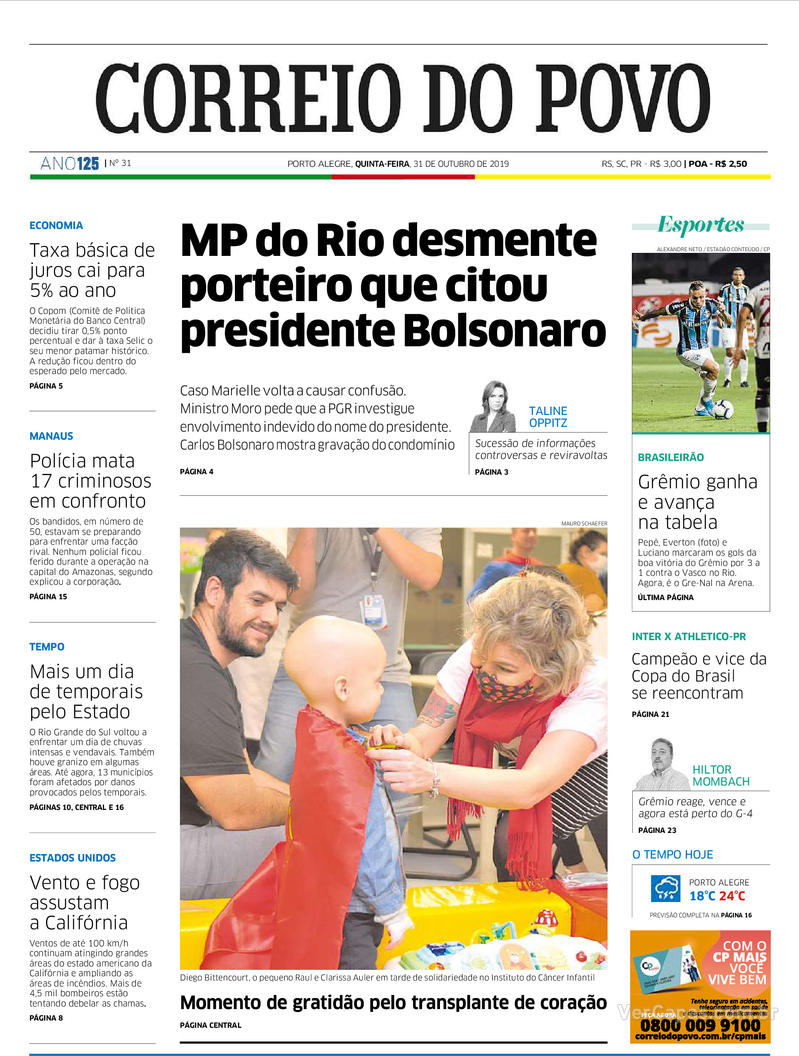 Capa do jornal Correio do Povo 31/10/2019