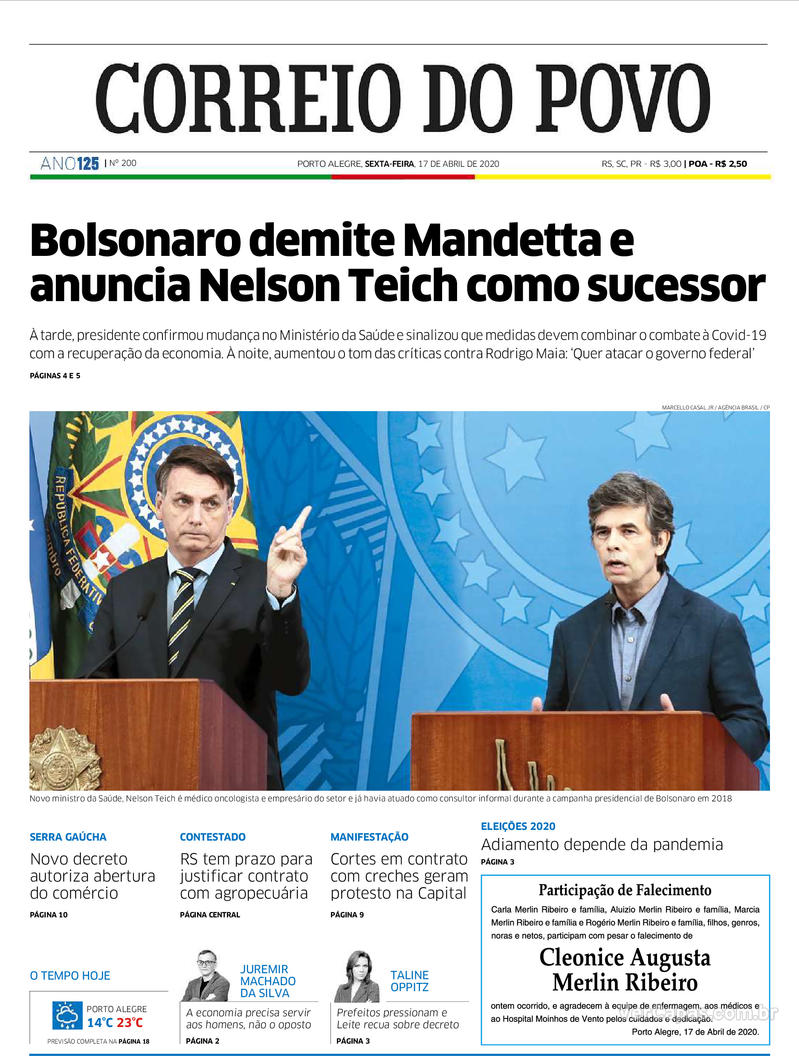 Capa do jornal Correio do Povo 17/04/2020