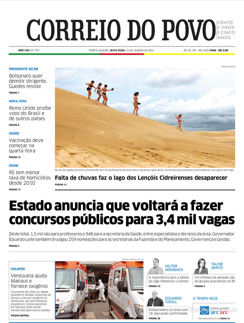 Capa do jornal Correio do Povo 15/01/2021