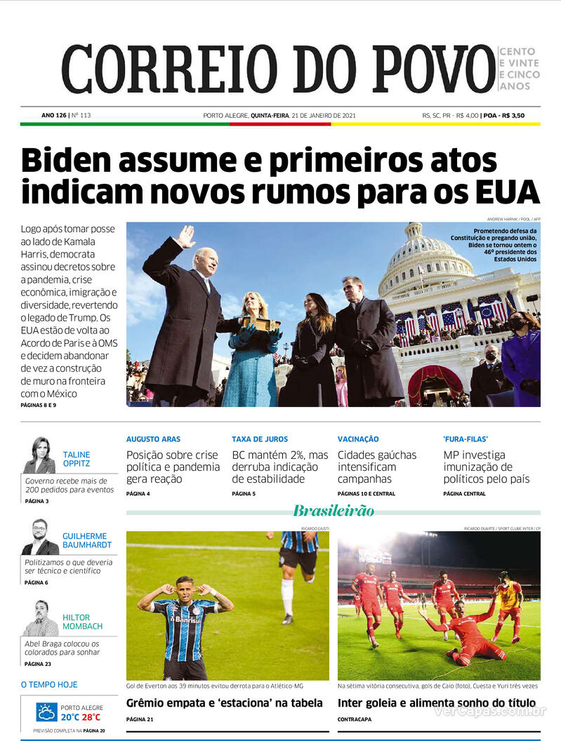 Capa do jornal Correio do Povo 21/01/2021