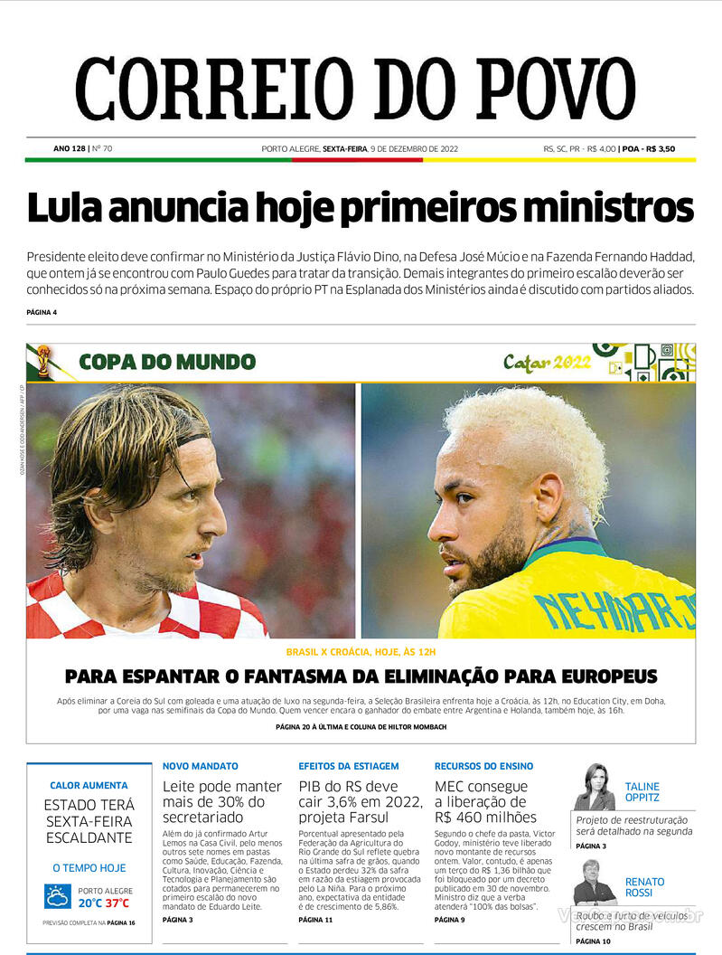 Capa do jornal Correio do Povo 09/12/2022