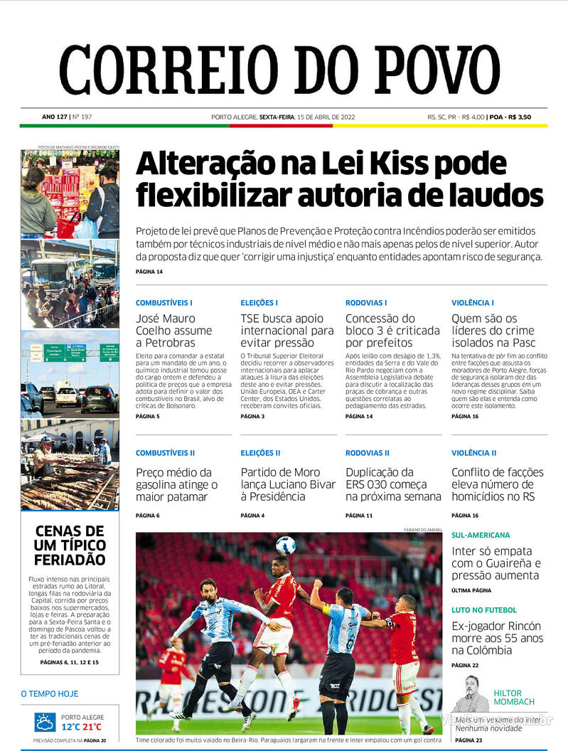 Capa do jornal Correio do Povo 15/04/2022