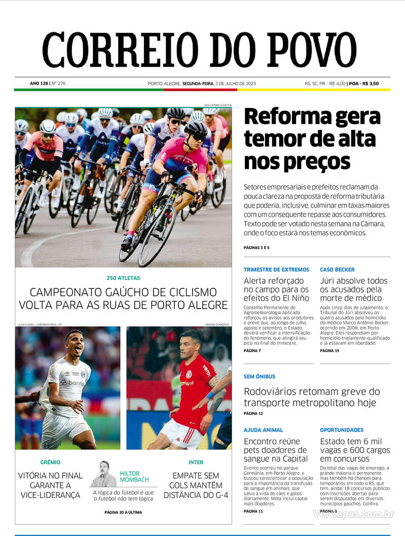 Capa Correio Do Povo Edição Segunda, 3 De Julho De 2023