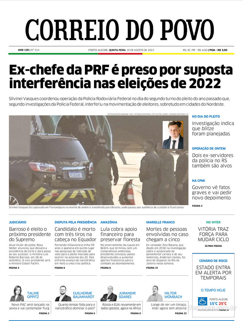 Confira a Capa do Jornal Estado de Minas do dia 10/08/2023