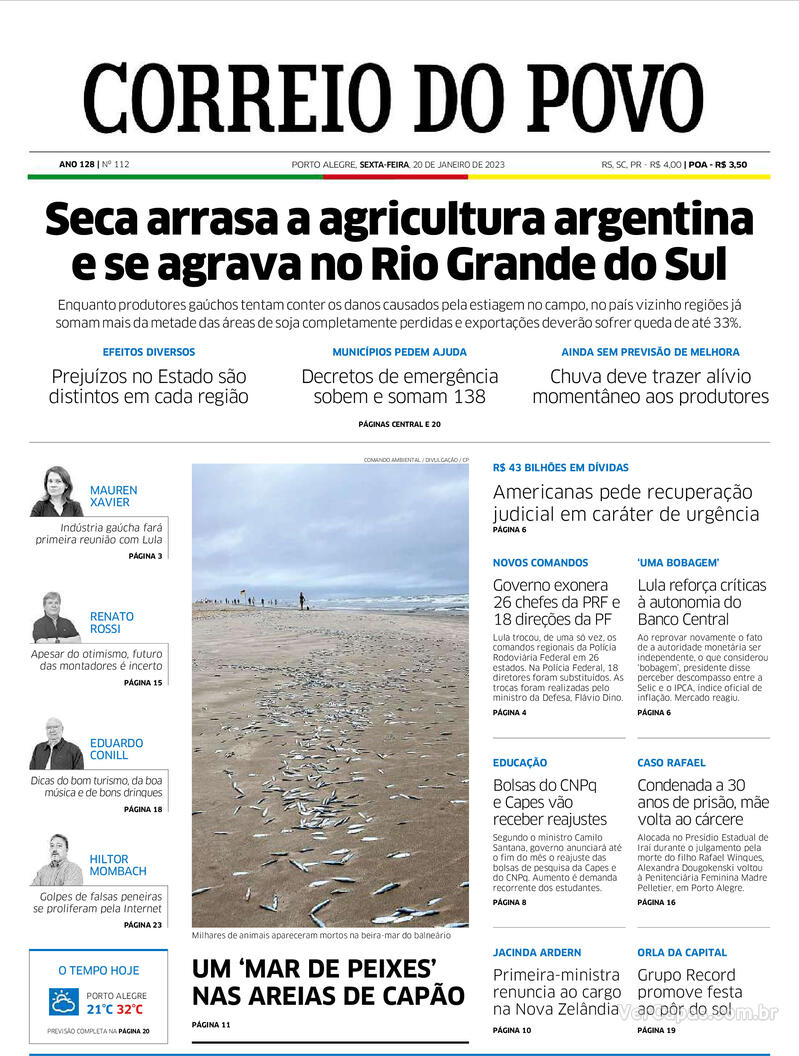 Capa do jornal Correio do Povo 20/01/2023