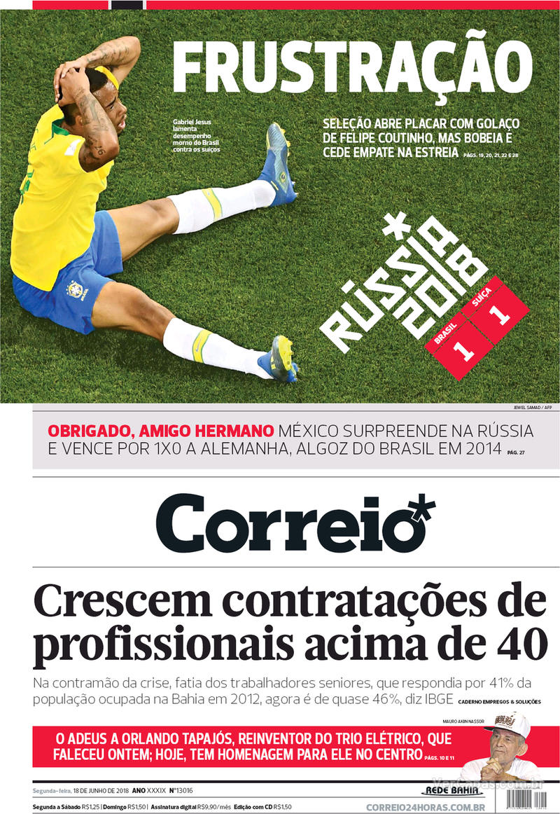 Capa do jornal Correio 18/06/2018