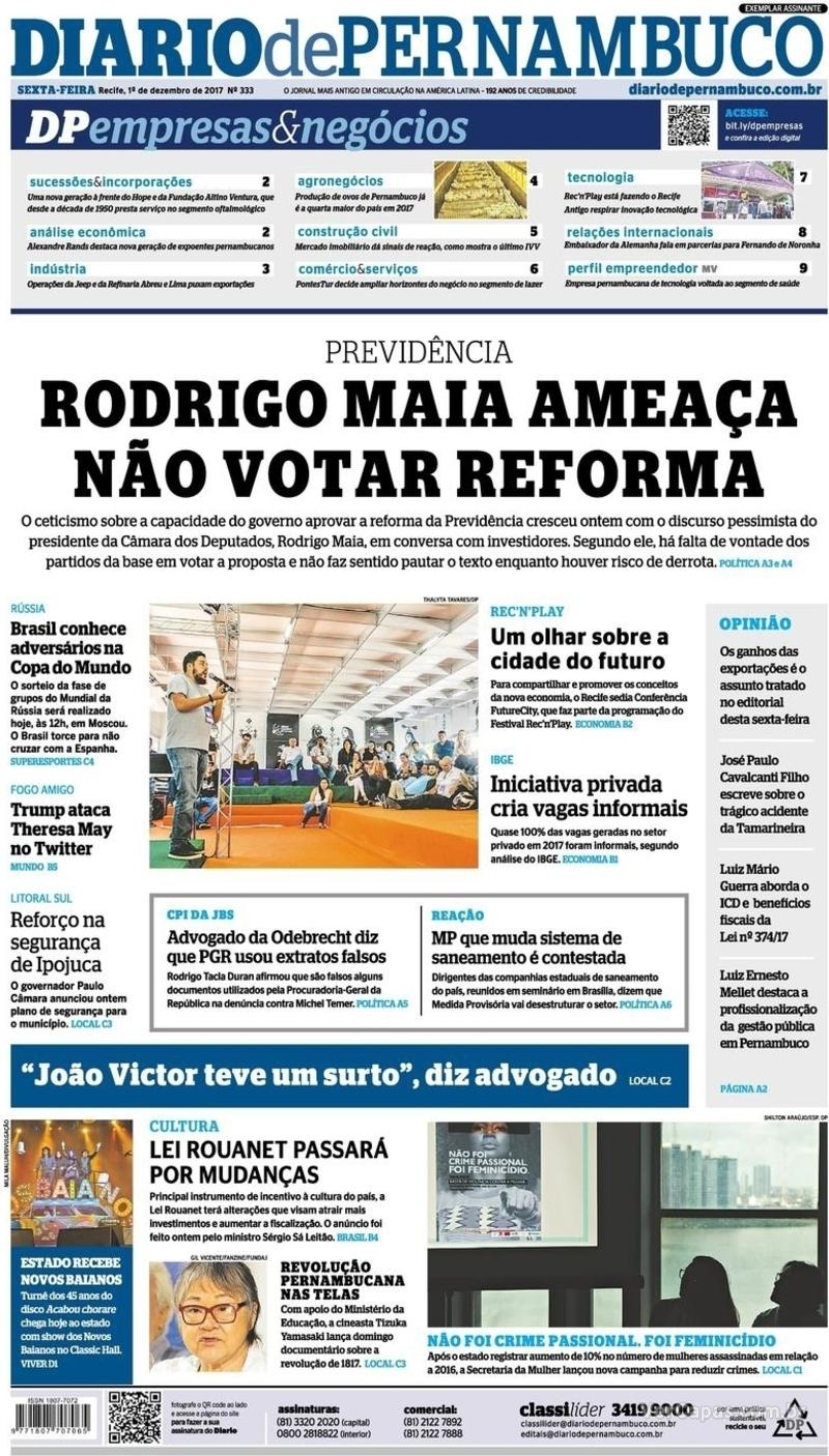 Capa do jornal Diario de Pernambuco 01/12/2017