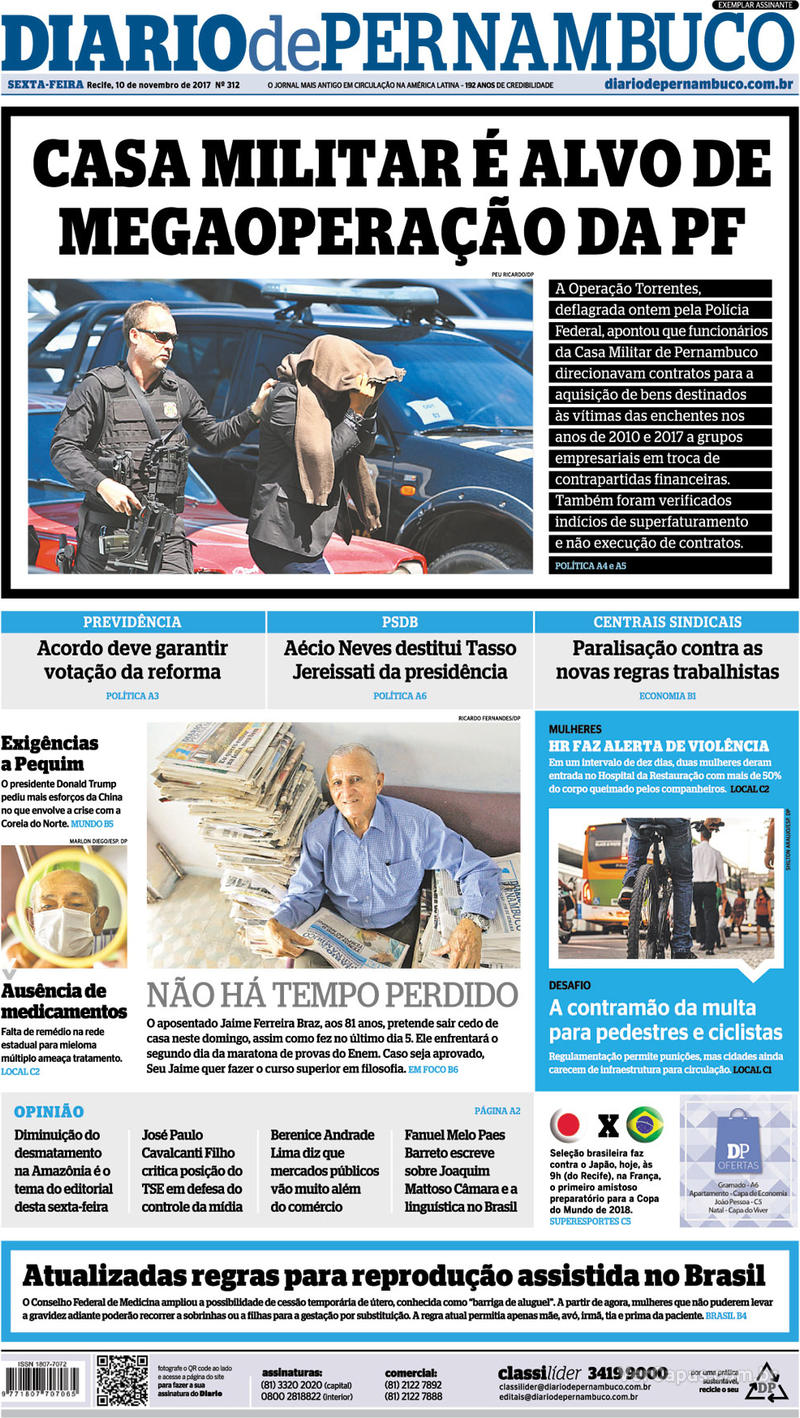 Capa Diario De Pernambuco Edição Sexta10 De Novembro De 2017 4851