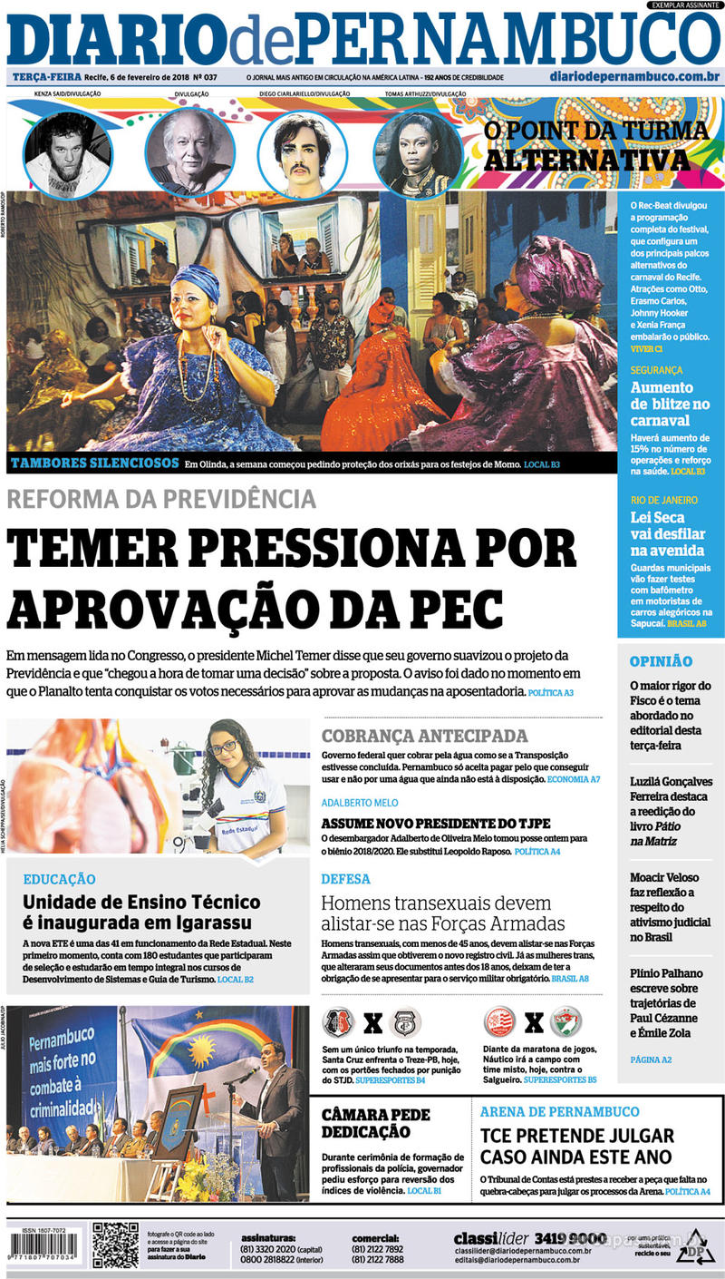Capa do jornal Diario de Pernambuco 06/02/2018