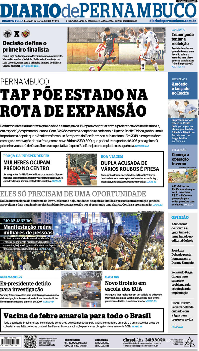 Capa do jornal Diario de Pernambuco 21/03/2018