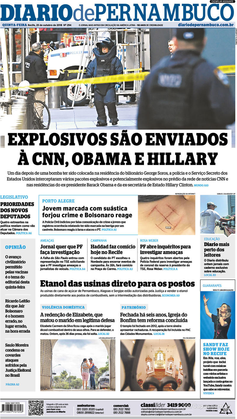 Capa do jornal Diario de Pernambuco 25/10/2018
