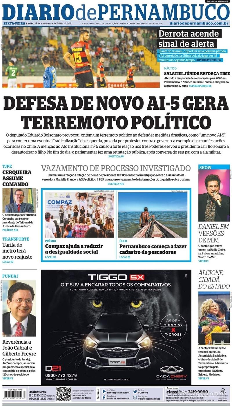 Capa do jornal Diario de Pernambuco 01/11/2019