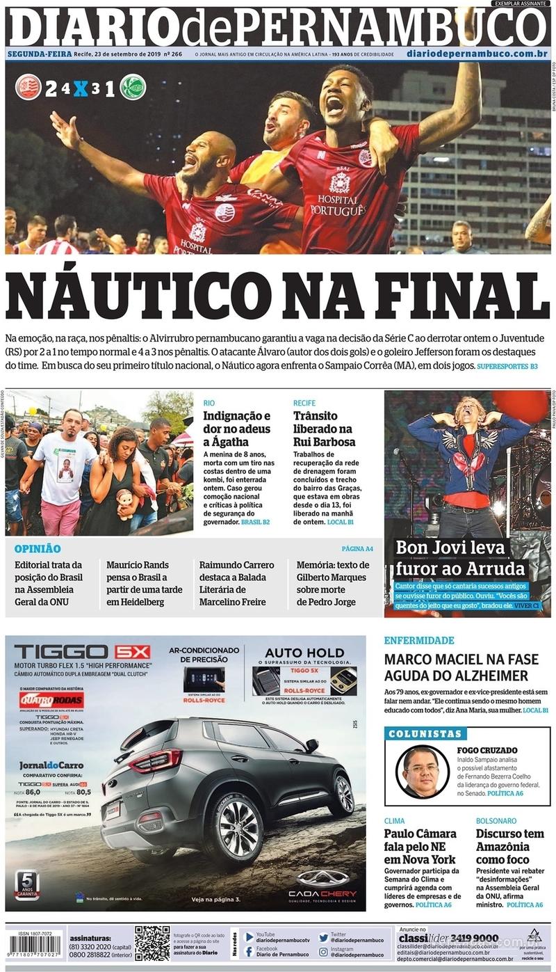 Capa Diario de Pernambuco Edição Segunda,23 de Setembro de 2019