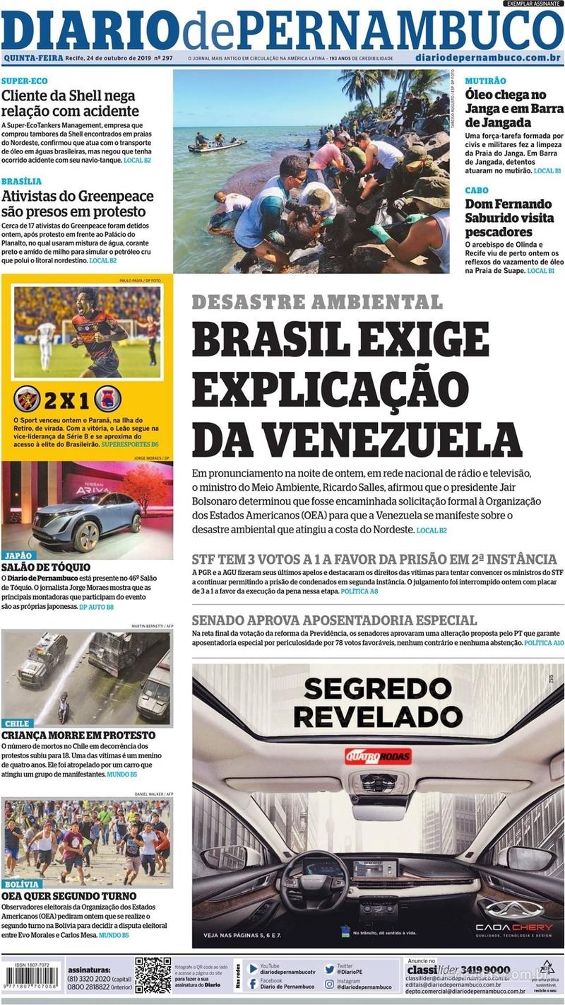 Capa do jornal Diario de Pernambuco 24/10/2019
