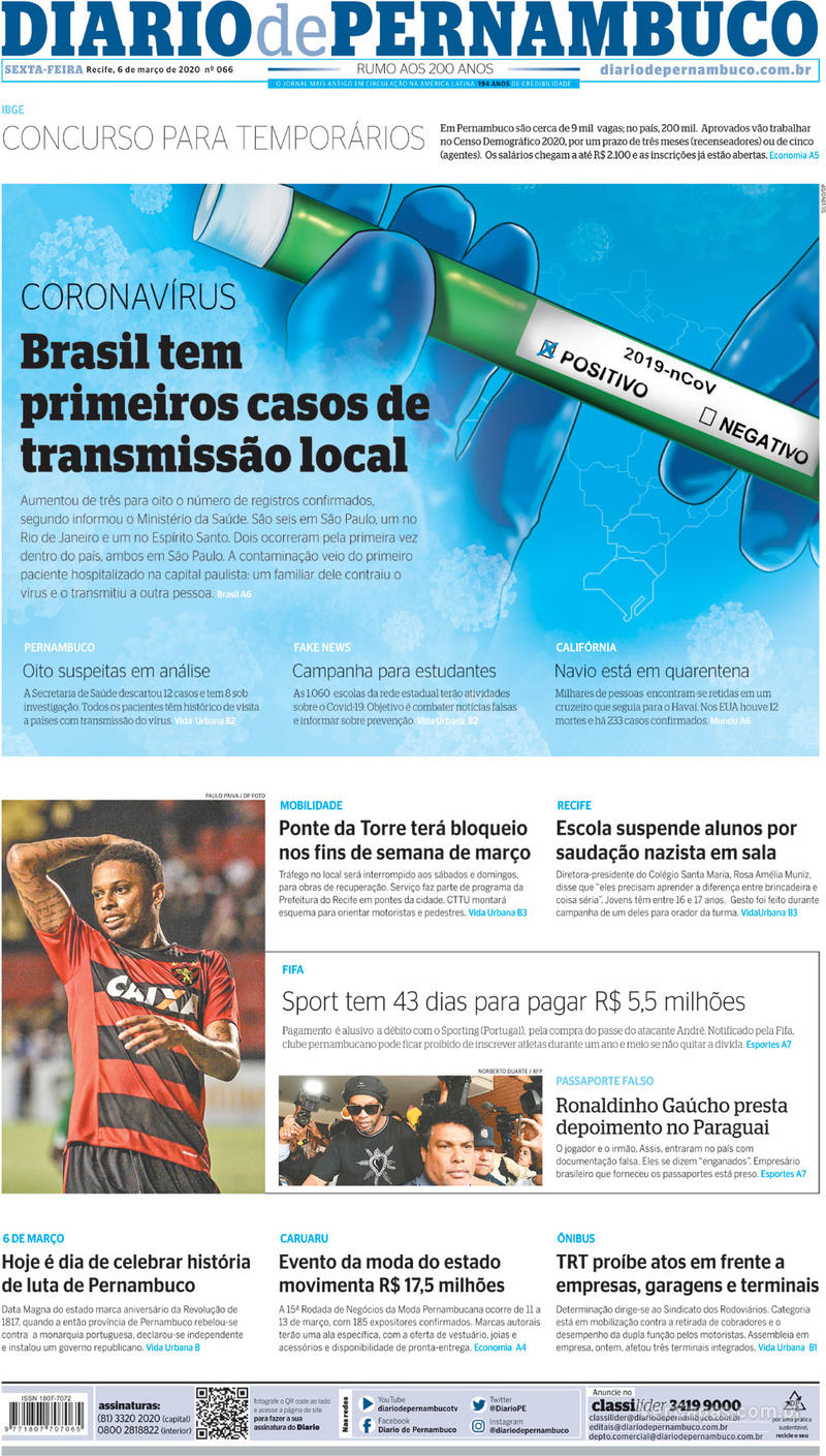 Capa do jornal Diario de Pernambuco 06/03/2020