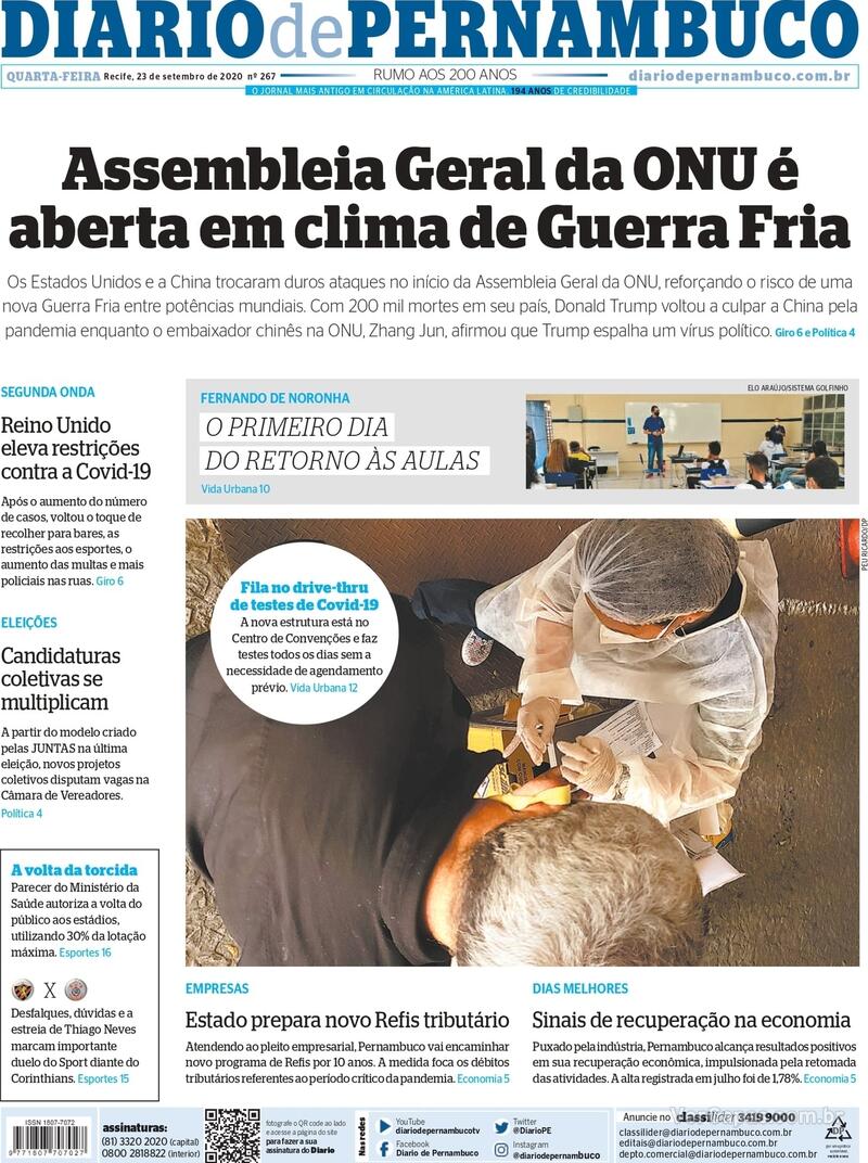 Capa do jornal Diario de Pernambuco 23/09/2020
