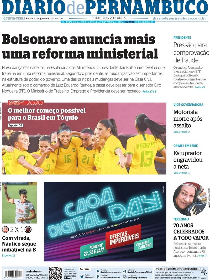 Capa do jornal Diario de Pernambuco 22/07/2021