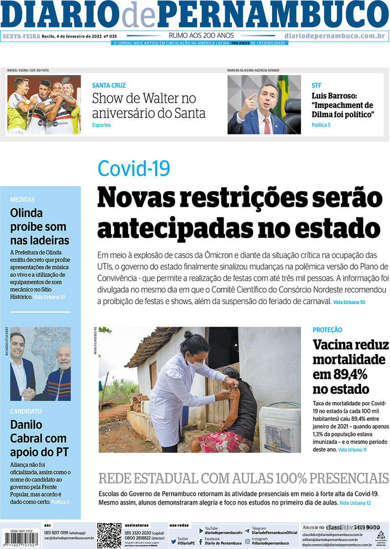 Capa do jornal Diario de Pernambuco 04/02/2022