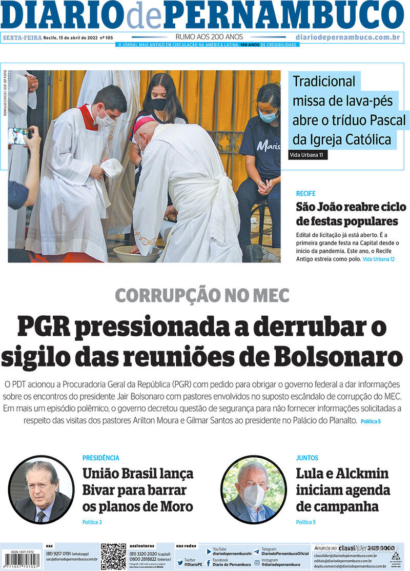 Capa do jornal Diario de Pernambuco 15/04/2022