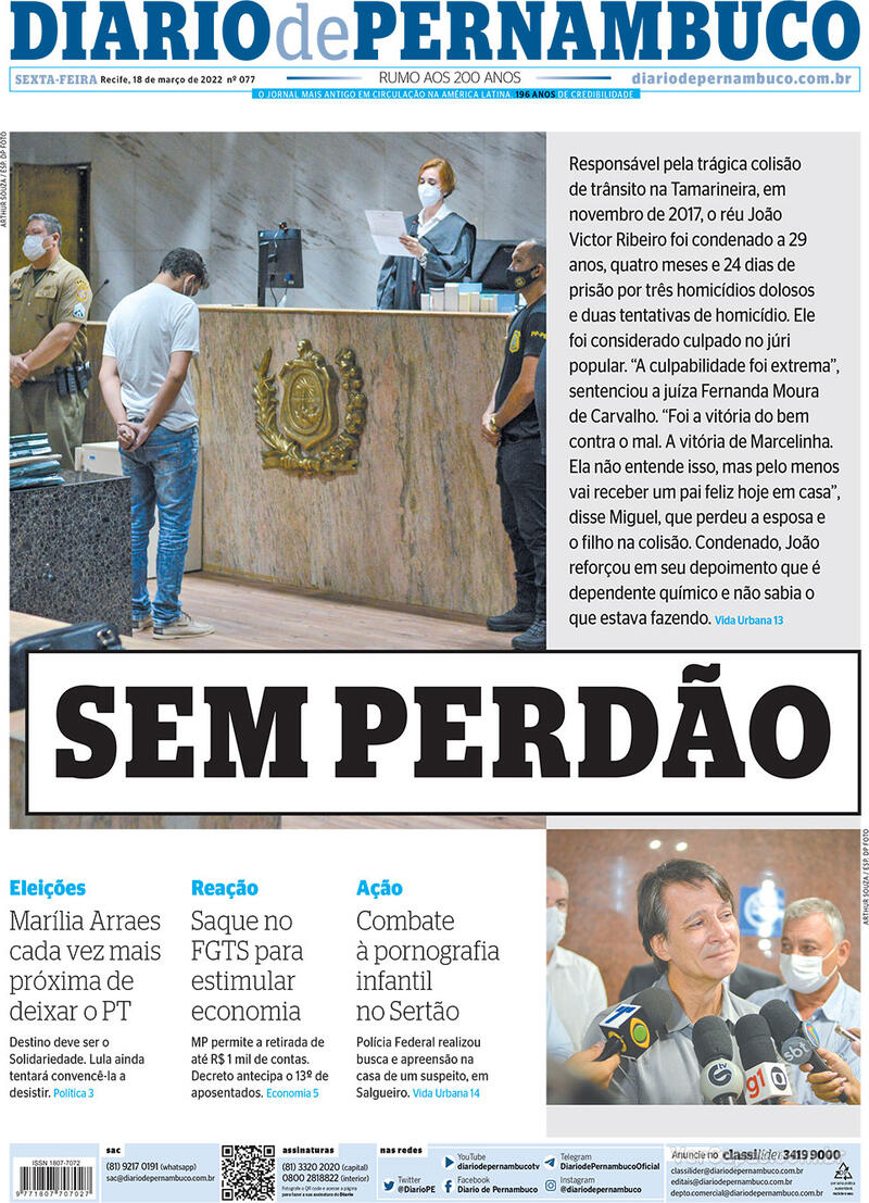 Capa do jornal Diario de Pernambuco 18/03/2022
