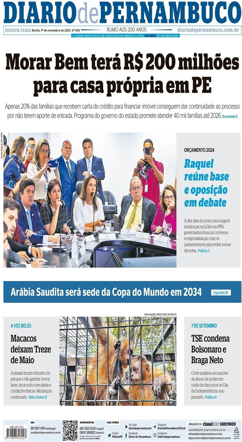 Capa Diario De Pernambuco Edição Quarta 1 De Novembro De 2023 