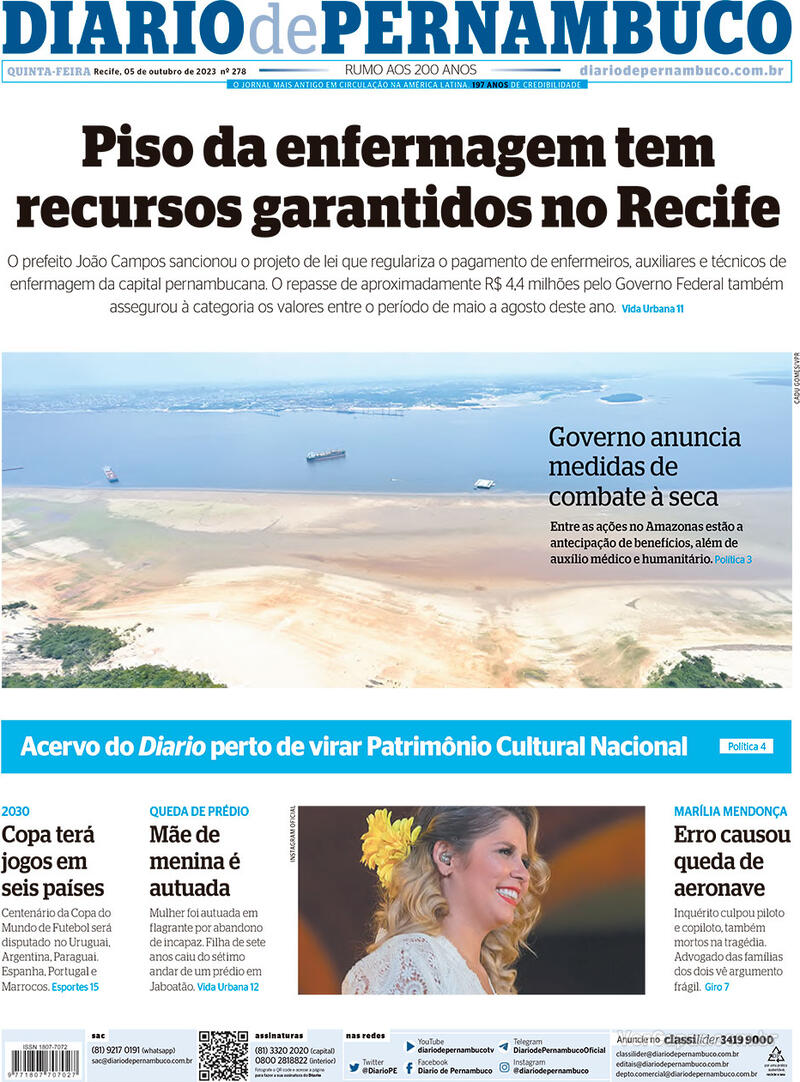 Capa Diario De Pernambuco Edição Quinta 5 De Outubro De 2023 