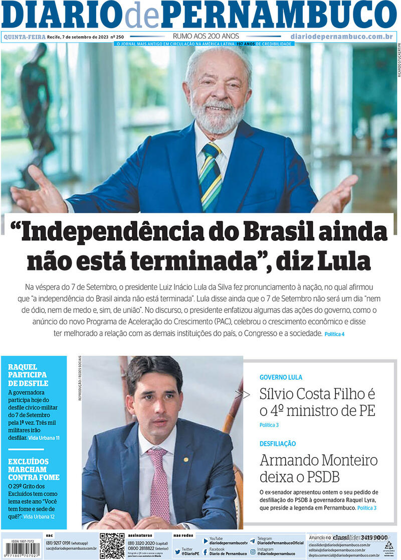 Capa Diario De Pernambuco Edição Quinta 7 De Setembro De 2023 