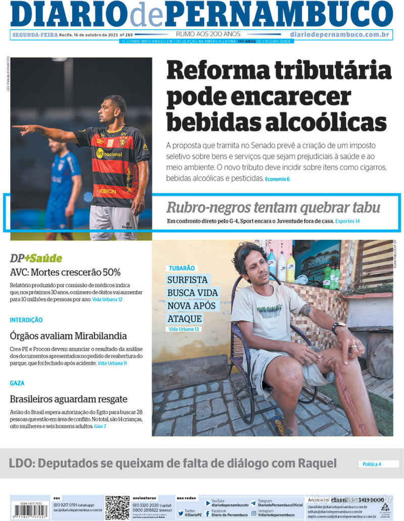 Capa Diario De Pernambuco Edição Segunda16 De Outubro De 2023 