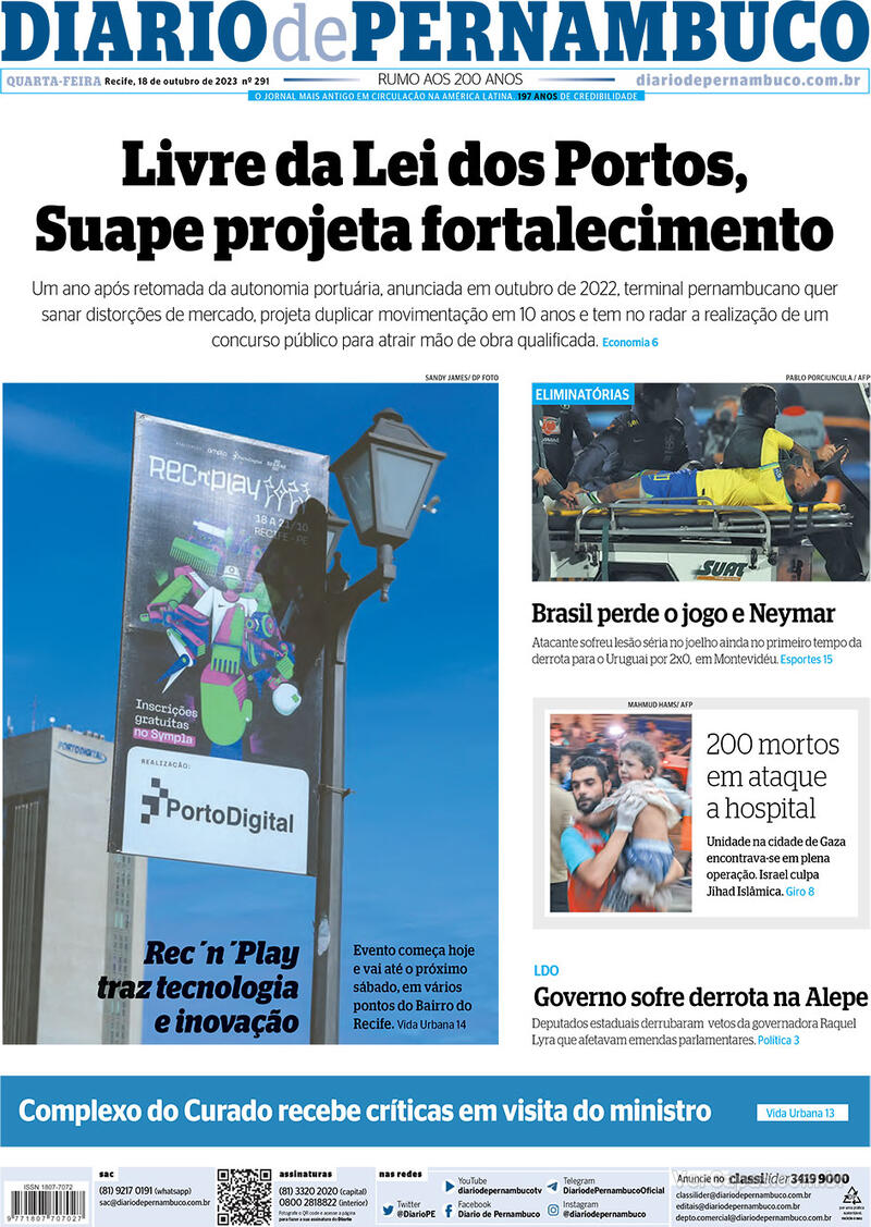 Capa Diario De Pernambuco Edição Quarta18 De Outubro De 2023 