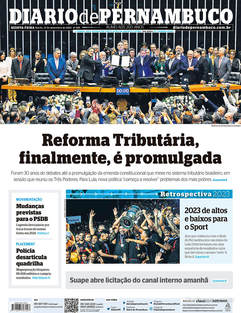Capa do jornal Diario de Pernambuco 21/12/2023