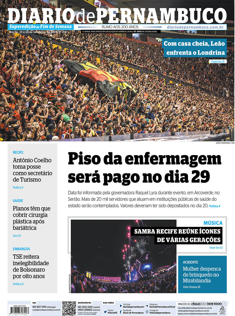 Capa do jornal Diario de Pernambuco 23/09/2023