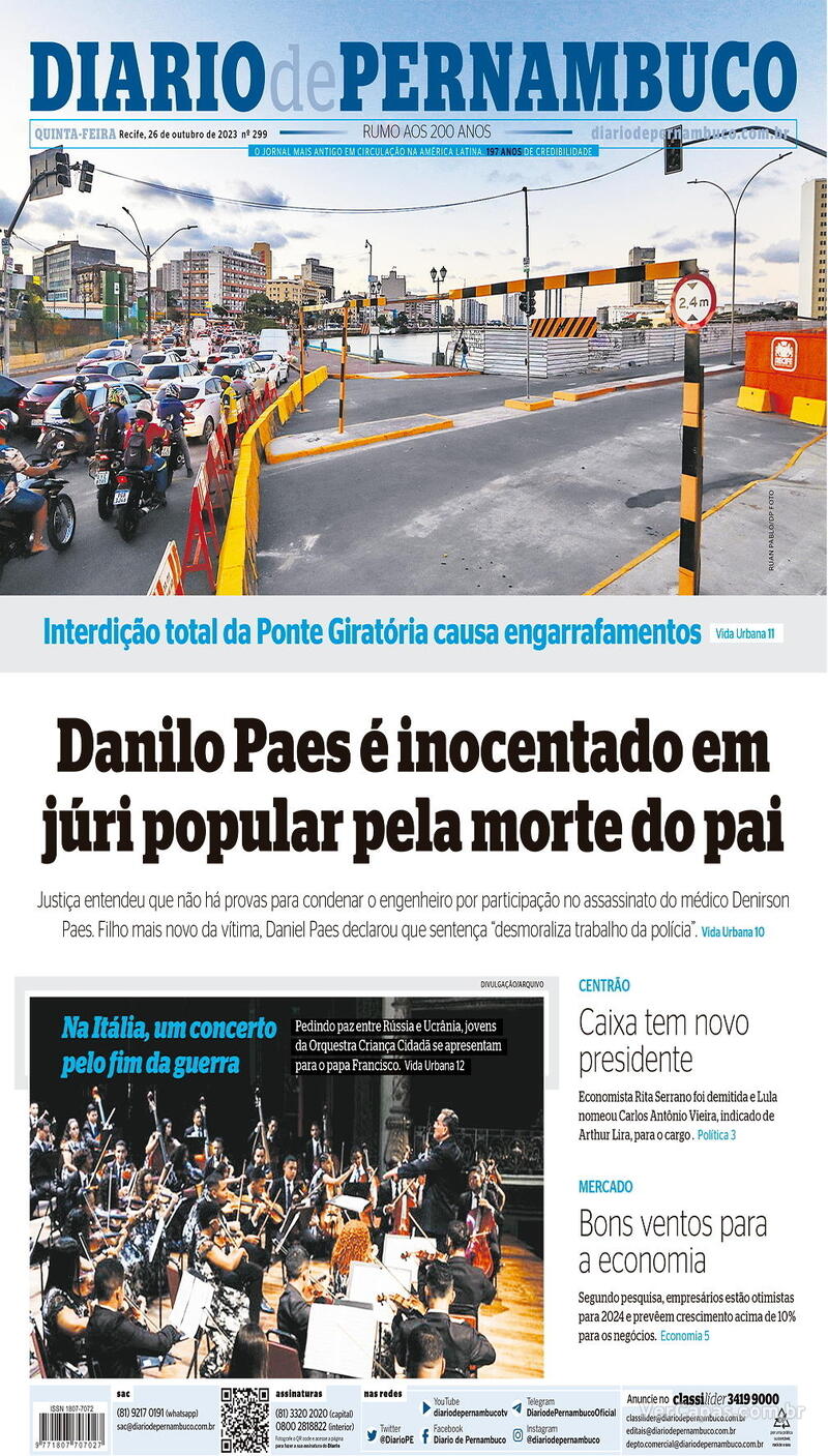 Capa Diario De Pernambuco Edição Quinta26 De Outubro De 2023 