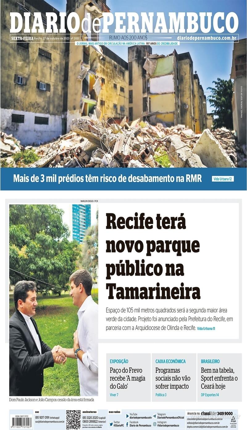 Capa Diario De Pernambuco Edição Sexta27 De Outubro De 2023 