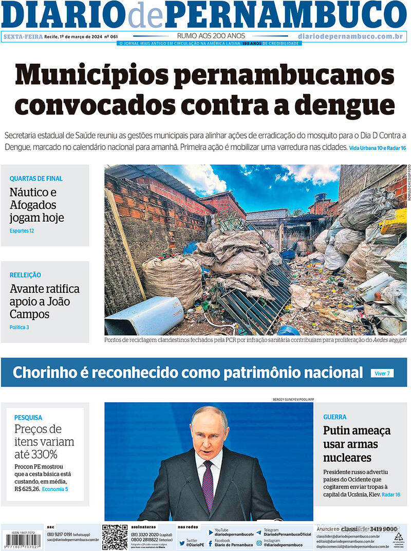 Capa do jornal Diario de Pernambuco 01/03/2024
