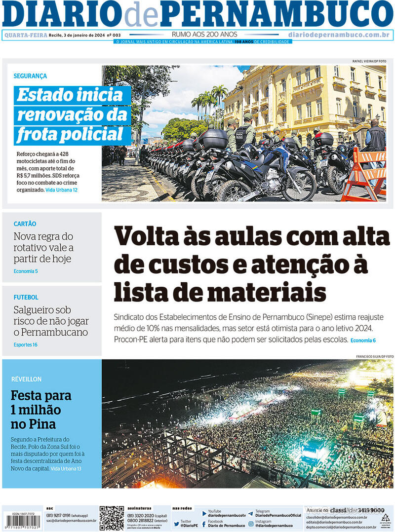 Capa do jornal Diario de Pernambuco 03/01/2024