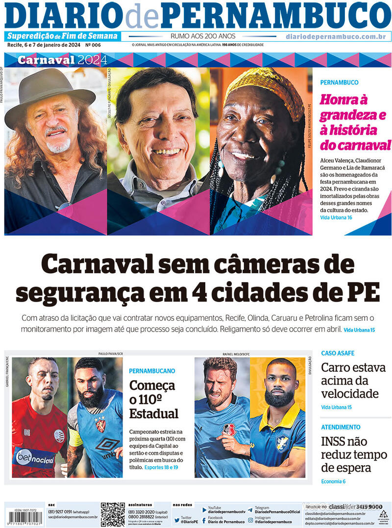 Capa Diario De Pernambuco Edição Sábado 6 De Janeiro De 2024 