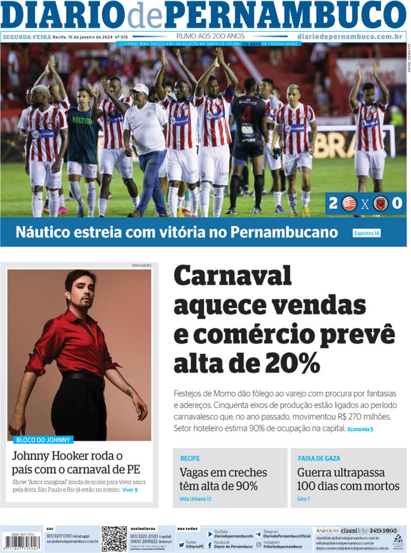 Capa do jornal Diario de Pernambuco 15/01/2024