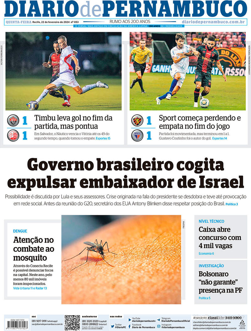 Capa do jornal Diario de Pernambuco 22/02/2024