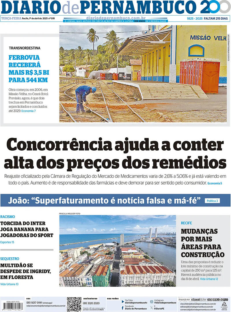 Capa do jornal Diario de Pernambuco 01/04/2025
