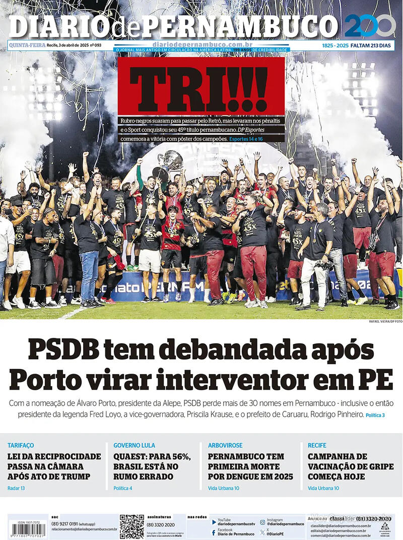 Capa do jornal Diario de Pernambuco 03/04/2025