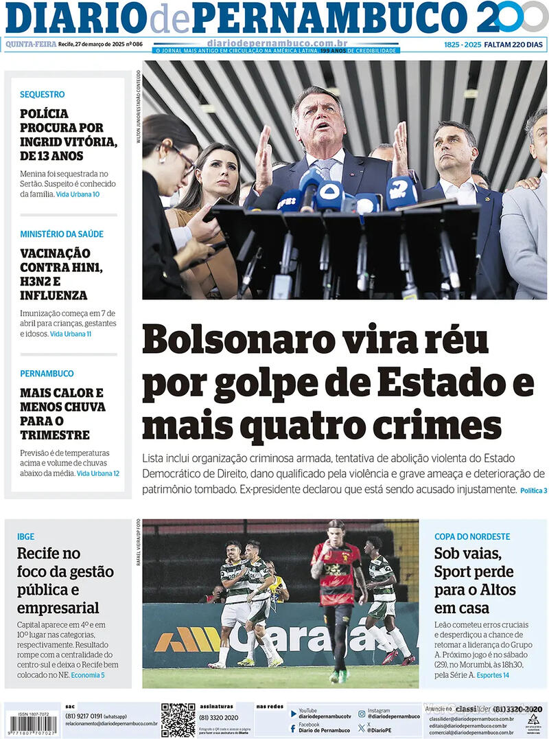 Capa do jornal Diario de Pernambuco 27/03/2025