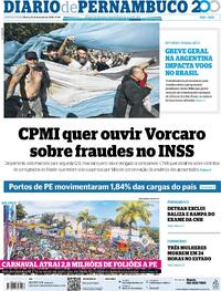 Capa do jornal Diario de Pernambuco 20/02/2026