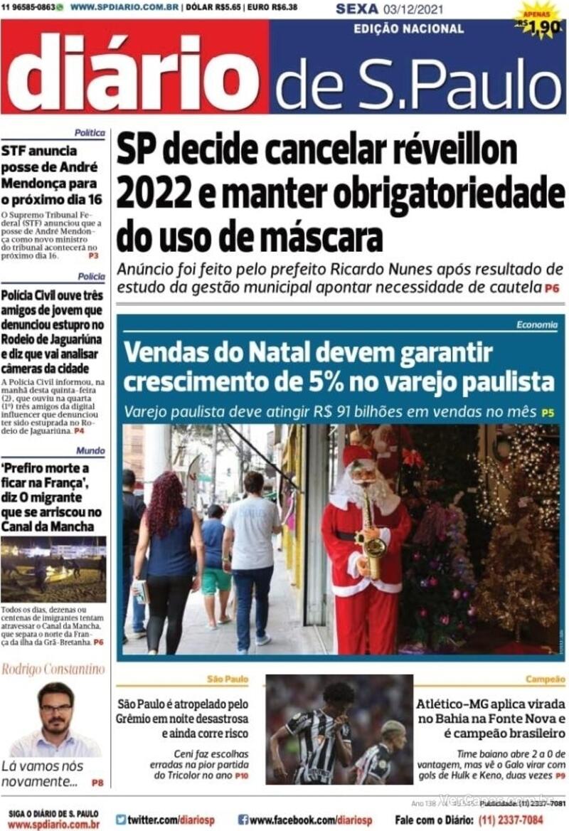 Capa Diário De São Paulo Edição Sexta 3 De Dezembro De 2021