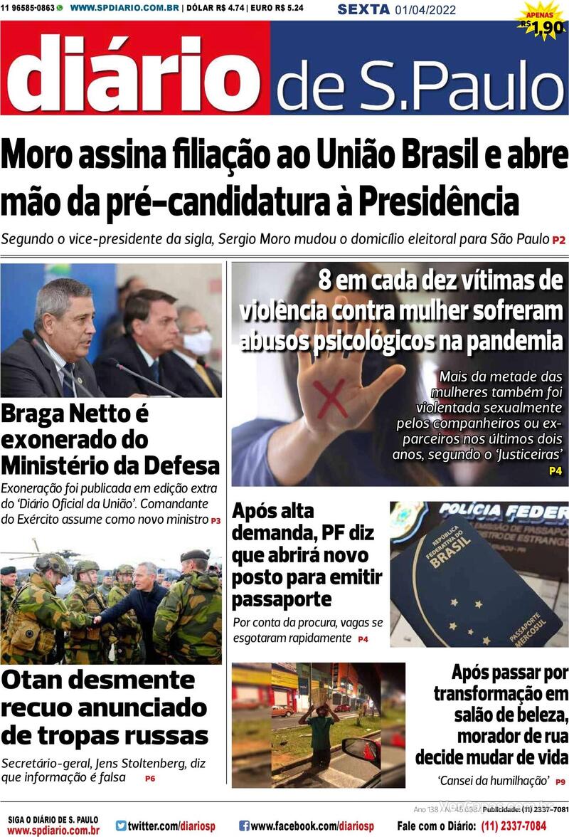 Capa Diário De São Paulo Edição Sexta 1 De Abril De 2022