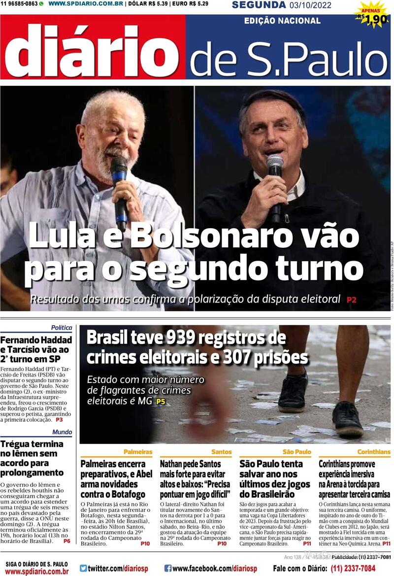 Capa Diário De São Paulo Edição Segunda 3 De Outubro De 2022 3093