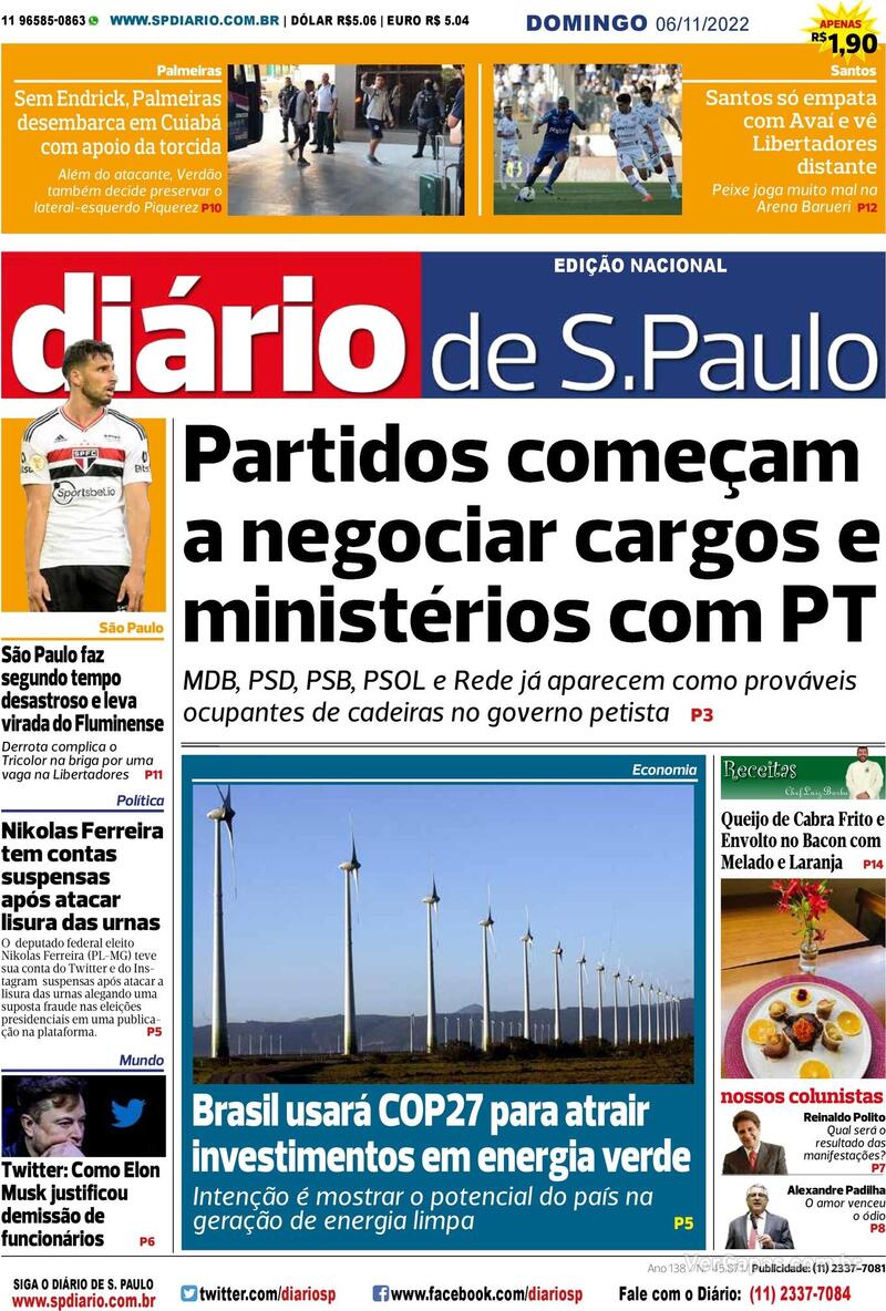 Capa Diário De São Paulo Edição Domingo 6 De Novembro De 2022